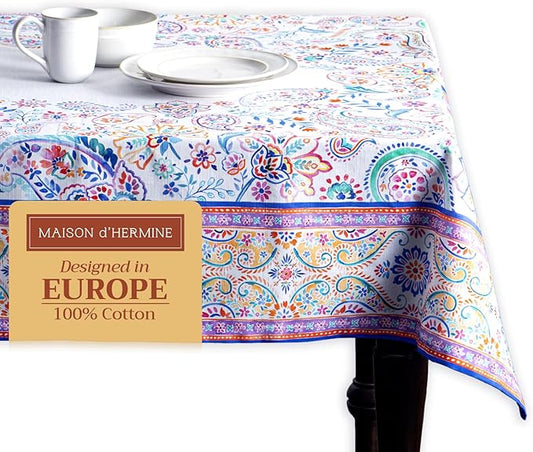 Maison d' Hermine Table Cloth Square Table 100% Cotton 60 x 60 Inches Tablecloth Reusable Decorative for Dining Room Farmhouse Home Valentines Day Decorations Spring Summer - Indian Floral