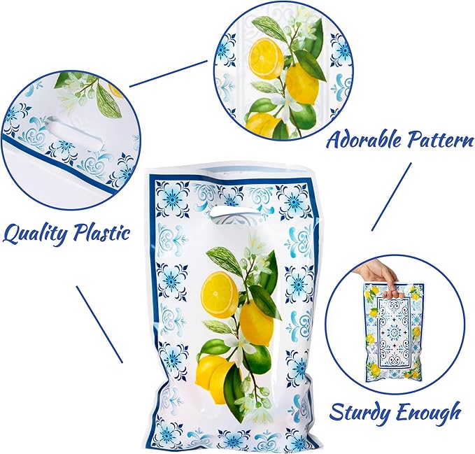 3sscha 50Pcs Capri Lemon Party Favor Bag Blue Tiles Yellow Lemon Plastic Waterproof Goodie Bag Citrus Fruit Rectangular Gift Bags for Kids Birthday Baby Shower Decoration Party Favor Supplies