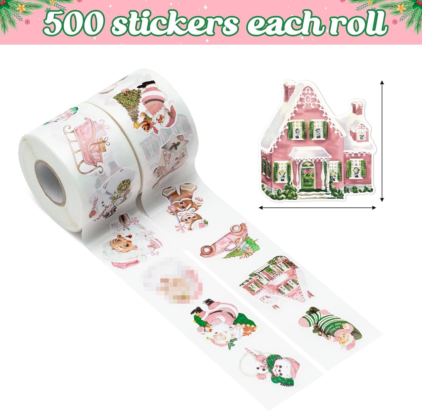 Vintage Pink Christmas Stickers - 1000pcs Winter Cartoon Retro Christmas Sticker Rolls Pink Victorian Santa Claus Elk Snowman Gingerbread Decorative Decals Xmas Holiday Party Decorations