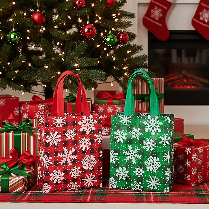 Wovnet 30 Pcs Christmas Bags Bulk Snowflake Plaid Winter Merchandise Gift Bags with Handles Reusable Non Woven Tote Shopping Goodie Pouch for Xmas Party Favors 10 x 8 x 4in