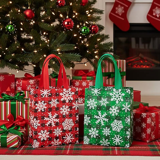 Wovnet 30 Pcs Christmas Bags Bulk Snowflake Plaid Winter Merchandise Gift Bags with Handles Reusable Non Woven Tote Shopping Goodie Pouch for Xmas Party Favors 10 x 8 x 4in