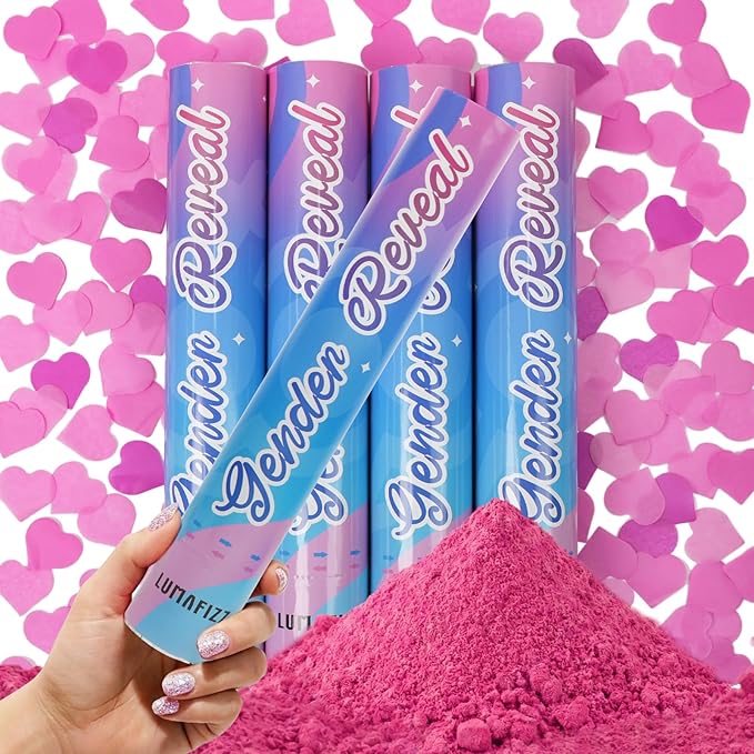 12Inches 4Pcs Gender Reveal Confetti Cannon - Biodegradable Powder & Heart Shaped Confetti Poppers - Pink, 4 Pack - Baby Girl Gender Reveal Smoke Bombs - Powder Cannon Party Poppers