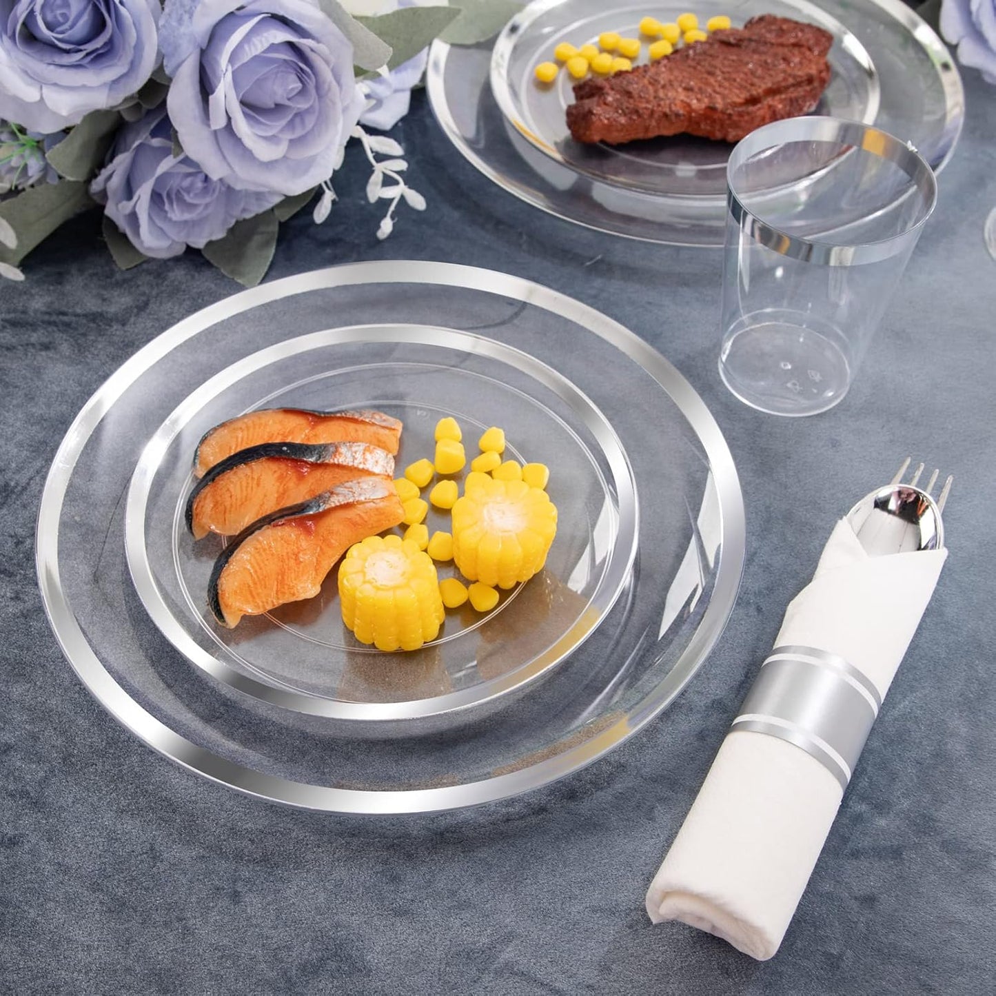 LIYH 210 Pcs Rolled Plastic Silverware Dinnerware Sets - Clear Disposable Heavyduty Plastic Disposable Plates for Wedding Party Silver Rimmed Cups 30 Guests