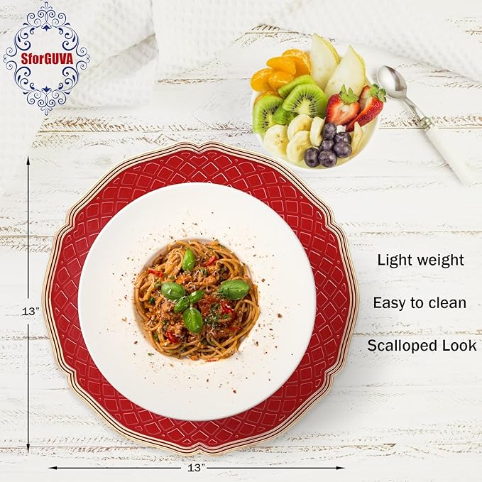 Red Scallop Charger Plates, Set of 6 Plastic Wedding Bulk Plate Charges for Dinner Plates, Table Decoration, Holiday, Thanksgiving, Christmas.