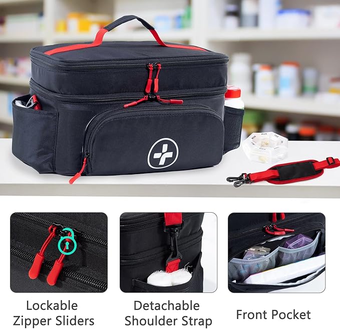 BAGSFY Travel Medicine Bag Organizer with Mini Medication Bag, Double Layers First Aid Kit Empty, Lockable Pill Bottle Organizer for Home, Large Medication Storage, Travel Emergency Carrying Case.