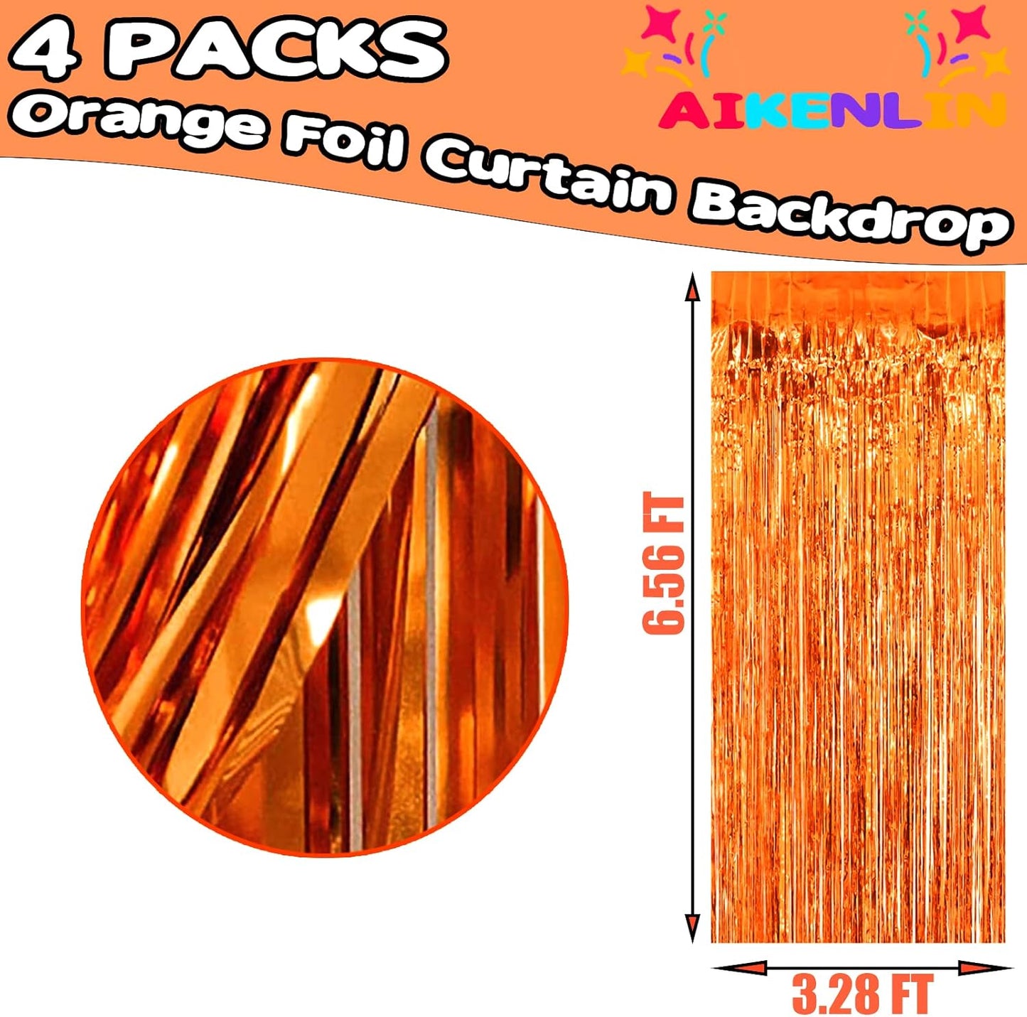 4 Pack 3.3Ft x 6.6Ft Orange Foil Fringe Curtain Backdrop, Metallic Tinsel Foil Fringe Streamers Curtains Background for Photo Booth, Birthday, Wedding, Halloween, Christmas Party Decoration