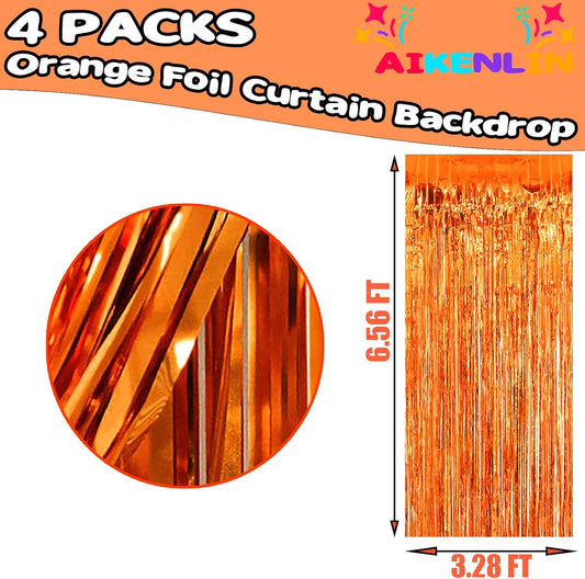 4 Pack 3.3Ft x 6.6Ft Orange Foil Fringe Curtain Backdrop, Metallic Tinsel Foil Fringe Streamers Curtains Background for Photo Booth, Birthday, Wedding, Halloween, Christmas Party Decoration