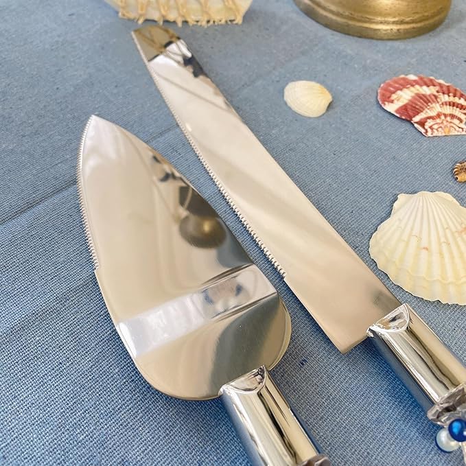 FISHBONE Stainless Steel Wedding Cake Knife and Server Set with Delicated Nautical Blue Rings Design - Perfect Cake Cutting Set for Weddings and Special Occasions
