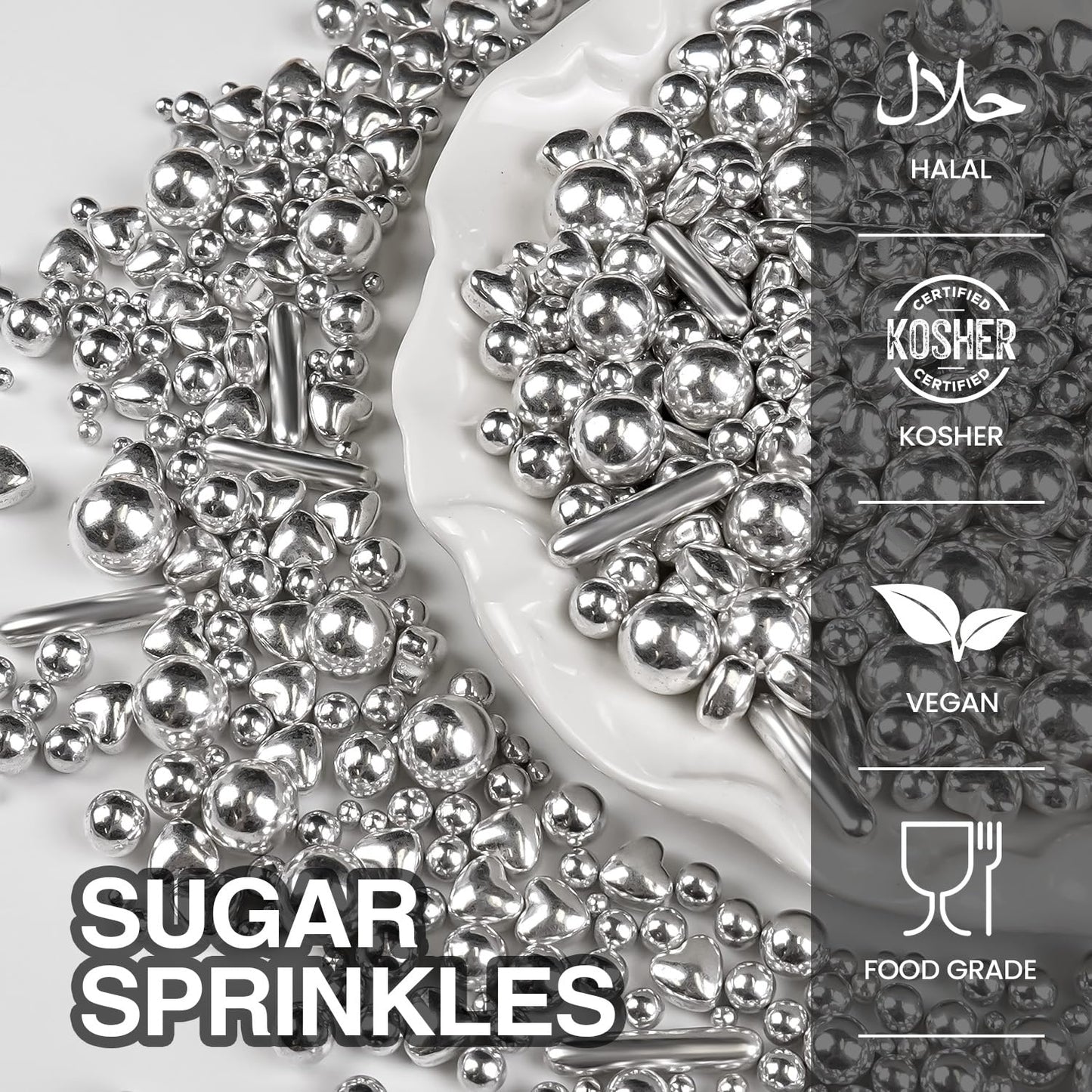 Silver Pearl Rods Heart Christmas Sprinkles, Baking Sugar, Silver Sprinkles for Cake, Mix Size, Cupcake Decoration, Holiday, Wedding Party Supplies, Foodgrade Decorating