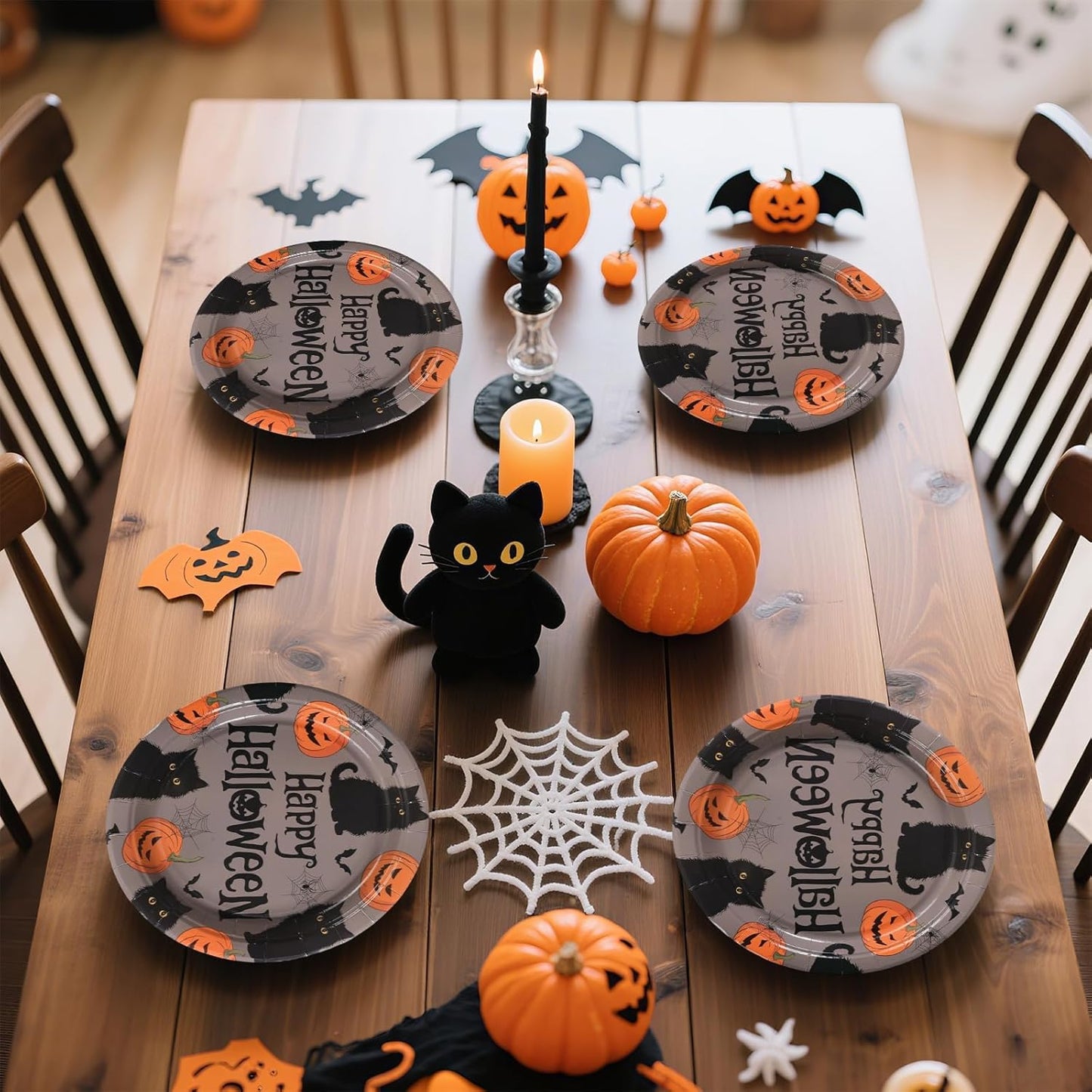Grencian 50Pcs Halloween Black Cat Plates 9” Disposable Heavy Duty Orange Pumpkin Paper Plates For Halloween Yard Black Cat Party Decorations Supplies