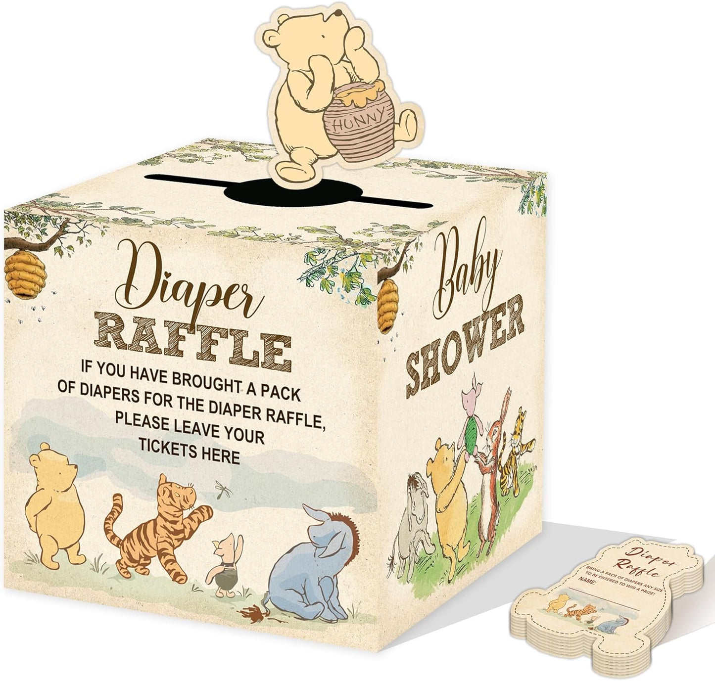 Winnie Baby Shower Decorations, Pooh Party Decorations, the Pooh Baby Shower Games, Winnie Diaper Raffle Box With 50Pcs Winnie Cards，Oh Baby Newborn Party Favors Boys and Girls First Birthday Supplies