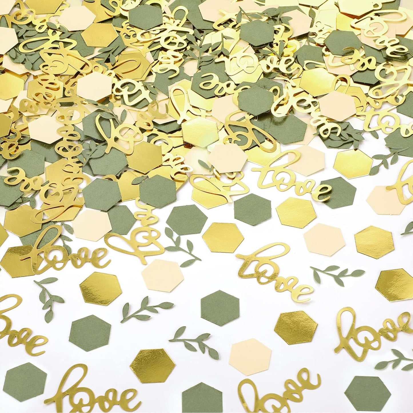 400 Pcs Greenery Wedding Table Confetti Decorations, Sage Olive Green Confetti Table Scatter Dots with Eucalyptus and Gold Love Confetti for Bridal Shower Wedding Decor(Wedding Style)