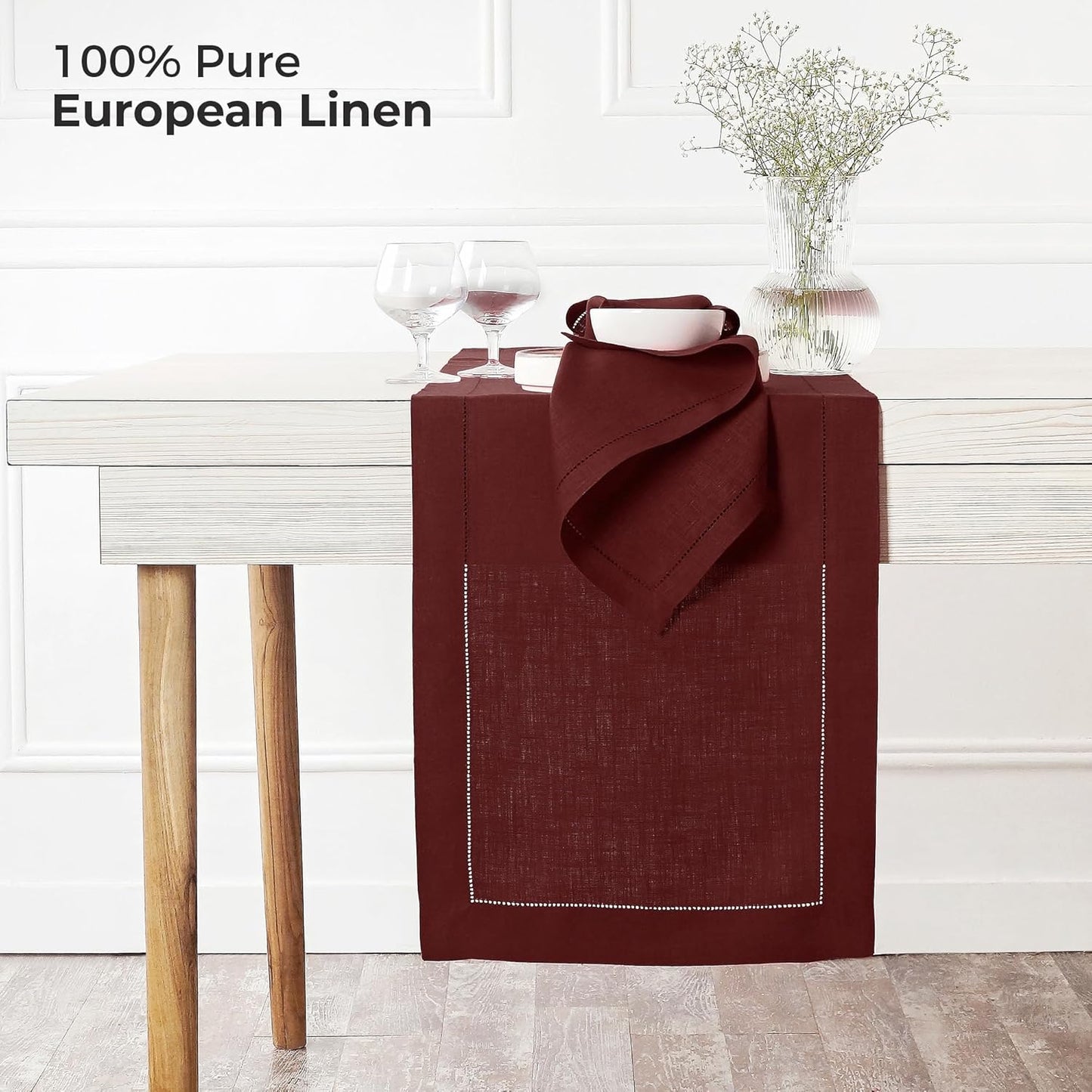 D'Moksha Homes Linen Dark Red Table Runner 120 Inches Long - 100% Pure Linen Hemstitch 14 x 120 Inch Table Runner for Dining, Fall, Autumn and Halloween - Classic Hemstitch