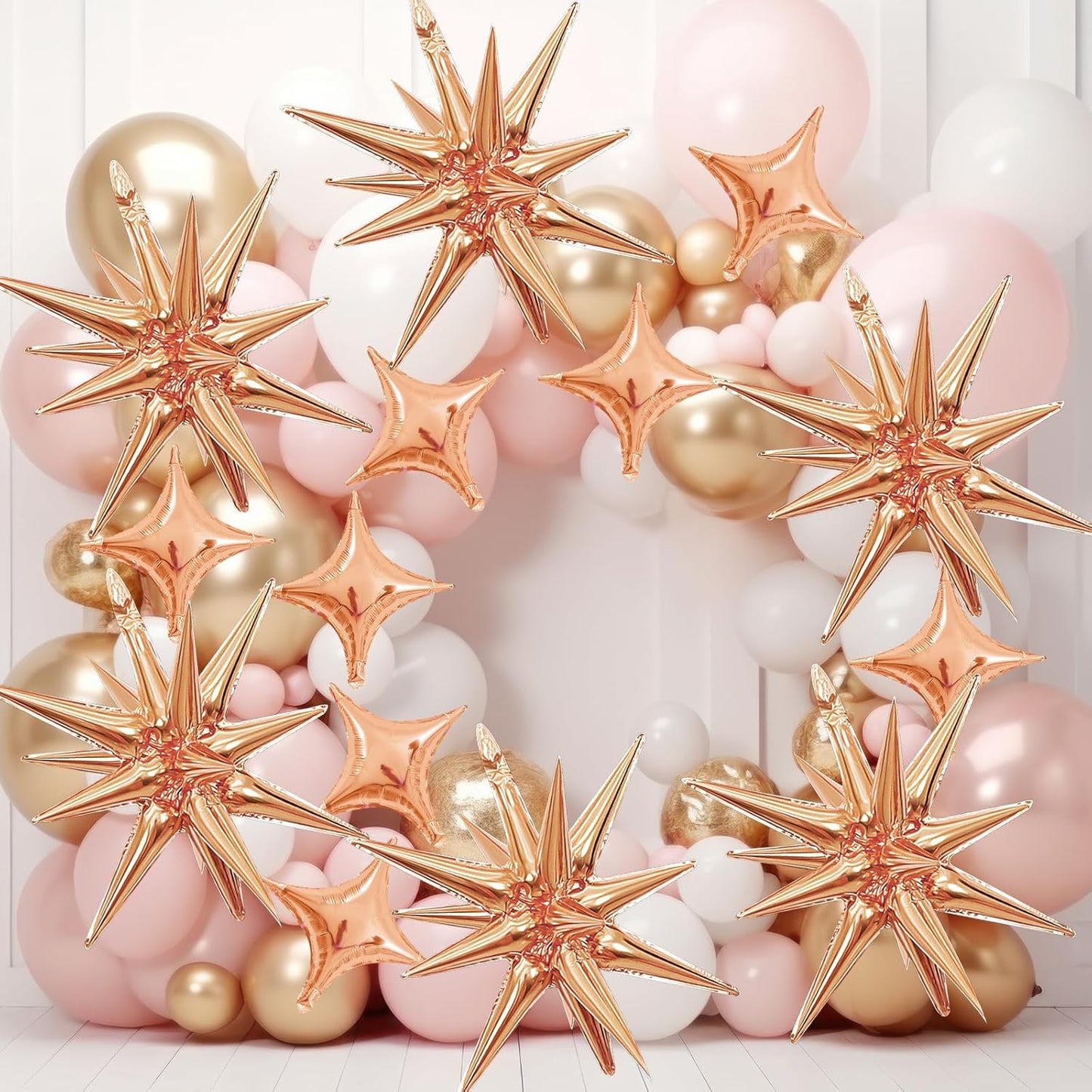 Rose Gold Star Balloons,Explosion Star Balloons Kit with 6Pcs 22Inch Cone Star Foil Balloons and 10Pcs 10Inch Four Pointed Star Balloons for Birthday Anniversary Disco Party Decorations