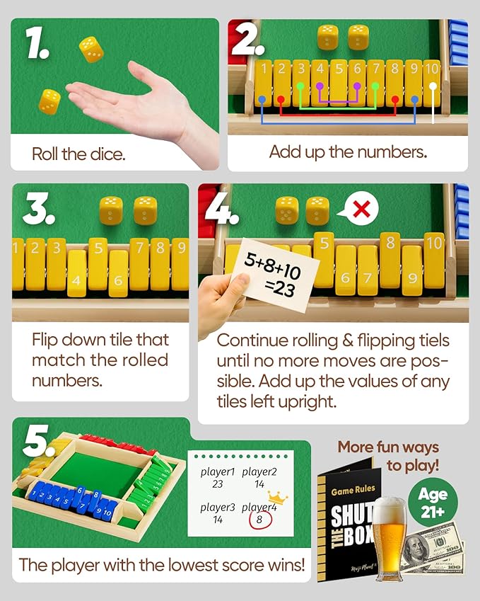 Maiji Planet Classic Original Shut The Box Game, Math Dice Board Game for Family Night Classroom Travel, Wooden Table for Group Kid Adult Senior, Camp Party Bar, Easy Quick and Fun, 2-4 Players
