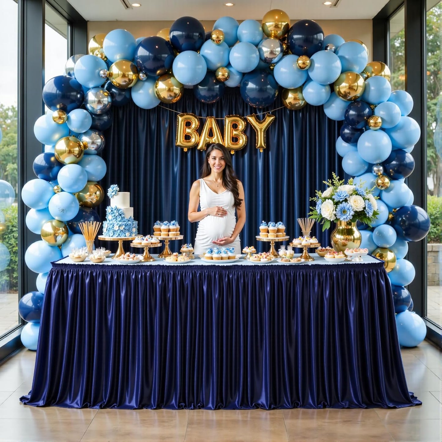Wish Care 14ft Navy Blue Satin Table Skirt for Rectangle Tables Wrinkle Free Glitter Desk Skirts Pleated Ruffle Table Cloth for Wedding Birthday Baby Shower Party Banquet Buffet Cake Table Decorations