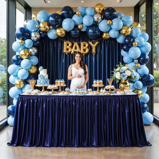 Wish Care 6ft Navy Blue Satin Table Skirt for Rectangle Tables Wrinkle Free Glitter Desk Skirts Pleated Ruffle Table Cloth for Wedding Birthday Baby Shower Party Banquet Cake Teacher Table Decorations
