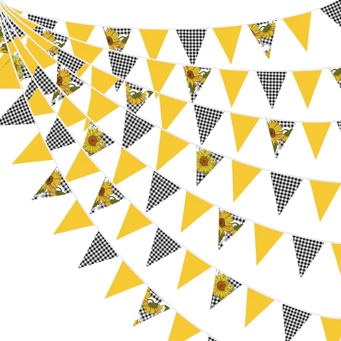 32Ft Yellow and Black Plaid Sunflower Pennant Banner Fabric Triangle Flag Bunting Garland for Sunflower Spring Summer Birthday Wedding Baby Bridal Shower Tea Party Outdoor Garden Hanging Decorations