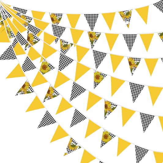 32Ft Yellow and Black Plaid Sunflower Pennant Banner Fabric Triangle Flag Bunting Garland for Sunflower Spring Summer Birthday Wedding Baby Bridal Shower Tea Party Outdoor Garden Hanging Decorations