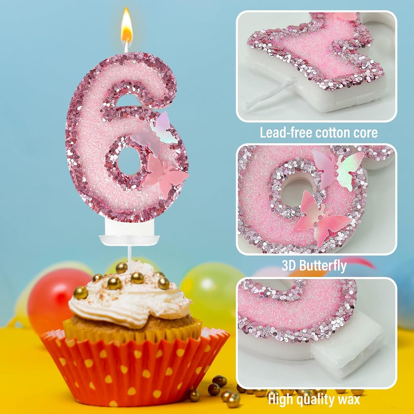 6th Birthday Candles，Glitter Butterfly Cake Toppers Pink Sequins Wedding Numeral Cupcake Decorations，Suitable for Girl and boy Wedding Cakes, Party Celebrations, Birthday Decorations