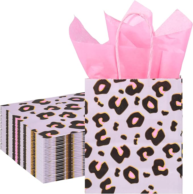 DjinnGlory 24 Pack Mini Small Gray Leopard Cheetah Print Party Favor Bags with Handles and Pink Tissue Paper for Party Favors Goodies, Small Business Gifts, Merchandises, 6.5x5.5x3 Inch