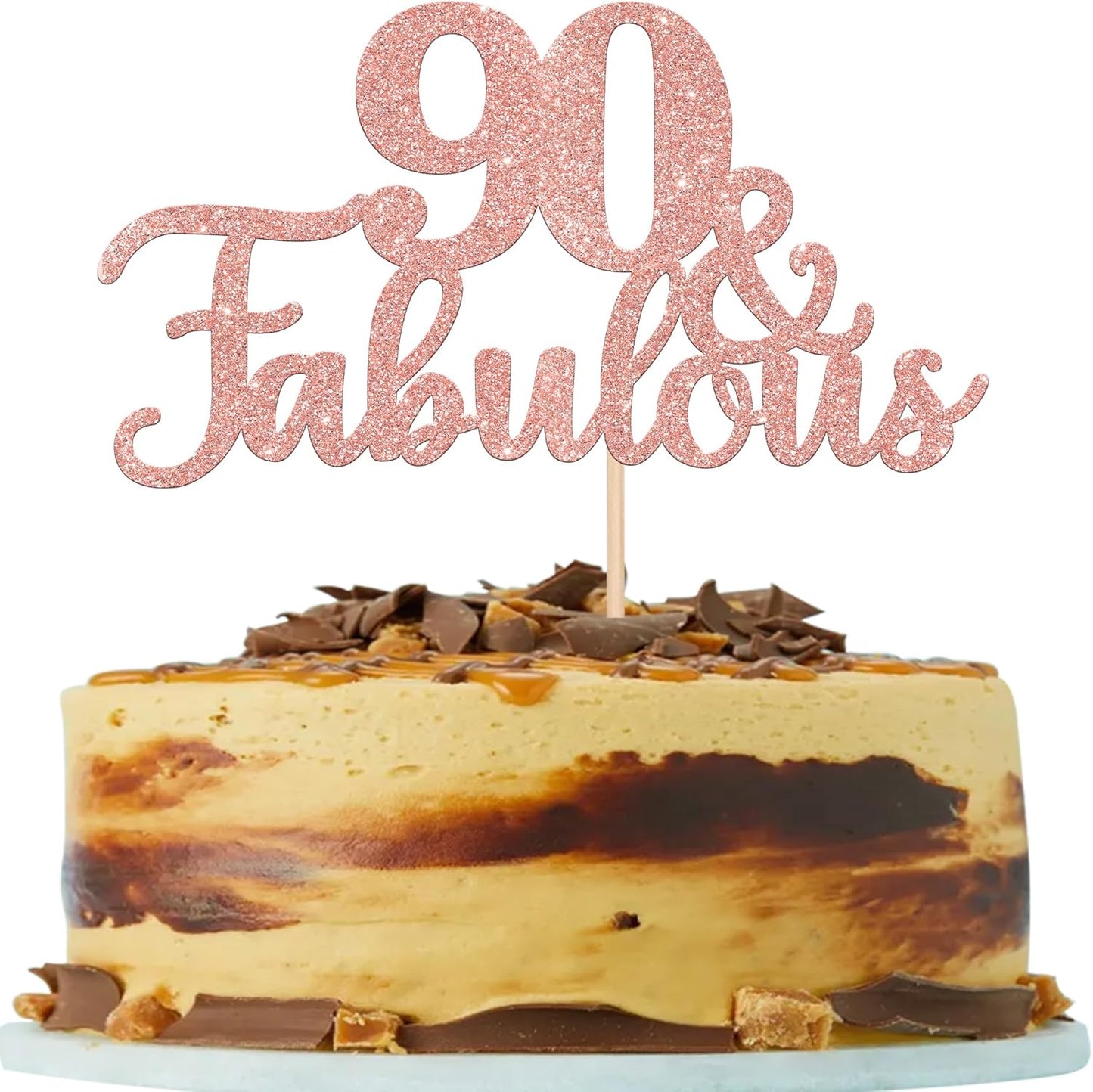 1 PCS 90 & Fabulous Cake Topper Glitter Ninety and Fabulous Cake Toppers Happy 90th Birthday Cake Pick for 90th Wedding Anniversary Birthday Party Cake Decorations Supplies Rose Gold