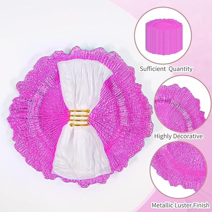 24 Pcs Hot Pink Charger Plates Bulk 13 Inch Plastic Charger Plates for Dinner Plate, Hot Pink Chargers for Table Setting, Reef Design Plate Floral Decorative Round Chargers for Wedding Party Event