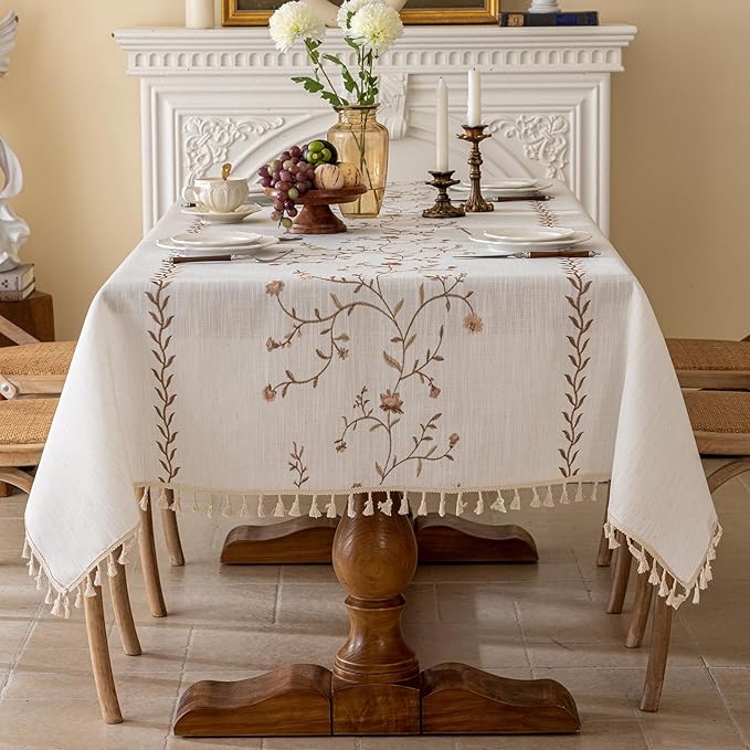 Joyfol Day Linen Waterproof Tablecloth with Tassels, Rustic Farmhouse Flowers Embroidery Table Cloths for Square Tables, Heavy Weight Spill-Proof Table Covers, Coffee Florals, 55''x 55''