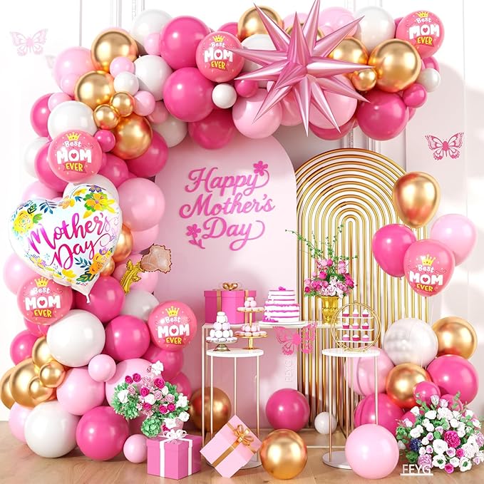 Mother's Day Balloon Arch, Hot Pink metallic Gold Balloon Garland Kit with Large Mon Printed Foil Balloons, Pink Mother Star Foil Balloons for Mom's Day Party Decorations