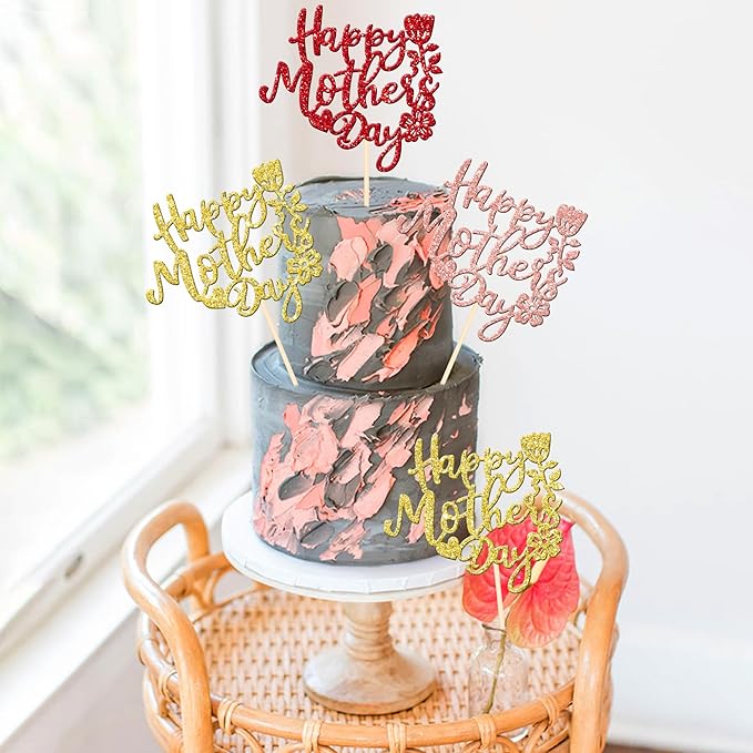 12 PCS Happy Mother's Day Centerpiece Sticks Double Sided Glitter Rose Love Best Mom Centerpieces for Happy Mother's Day Theme Table Flower Decorations Women Birthday Party Supplies Colorful