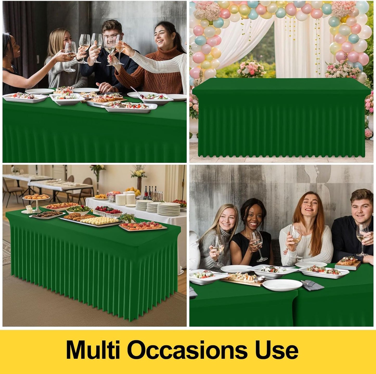 Smiry Spandex Tablecloth 2 Pack, Elastic Fitted Stretch Tablecloth for 8FT Rectangle Tables, Waterproof Washable Table Cover Skirt for Wedding, Banquet & Parties (Emerald Green, 96Lx30Wx30H Inch)