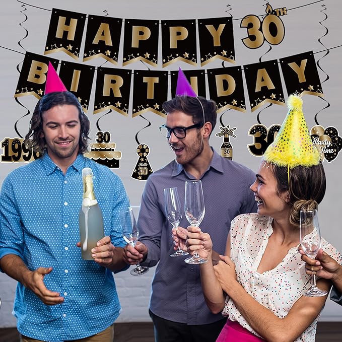 DARUNAXY 30th Birthday Party Decorations for Men Women, Vintage Back in 1996 Banner, Black 30 Number Balloons & Cake Topper, Vintage 1996 30 Birthday Honeycomb Hanging Swirl Confetti Balloons(30PC)