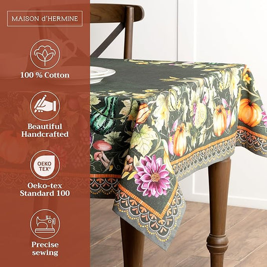 Maison d' Hermine Table Cloth Square Table 100% Cotton 54 x 54 Inches Fall Tablecloth Reusable Everyday Use for Thanksgiving Christmas Decorations Dining Farmhouse Party (Pumpkin Garden - Dark Green)