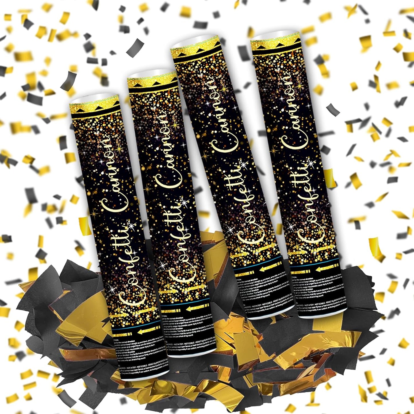 12" Black Gold Confetti Poppers Confetti Cannon Party Poppers for Birthday Graduation Wedding New Year Celebrations - Easy to Use, Black Paper and Gold Foil Confetti - Pack of 4