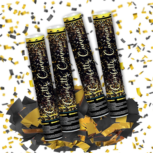 12" Black Gold Confetti Poppers Confetti Cannon Party Poppers for Birthday Graduation Wedding New Year Celebrations - Easy to Use, Black Paper and Gold Foil Confetti - Pack of 4