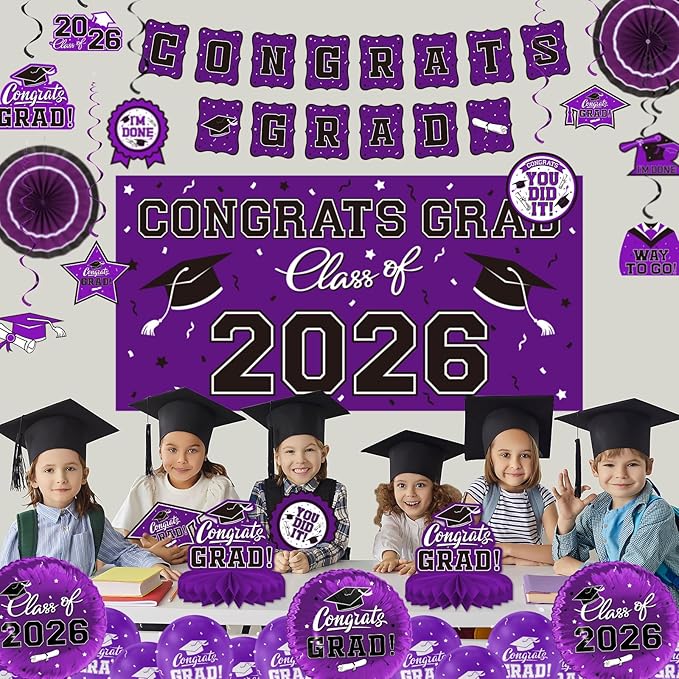 Purple Themed 2026 Graduation Decorations Set - Congrats Grad Banner, Class of 2026 Backdrop, Balloons & Streamers Kit - Complete Party Supplies for High School & College Celebrations