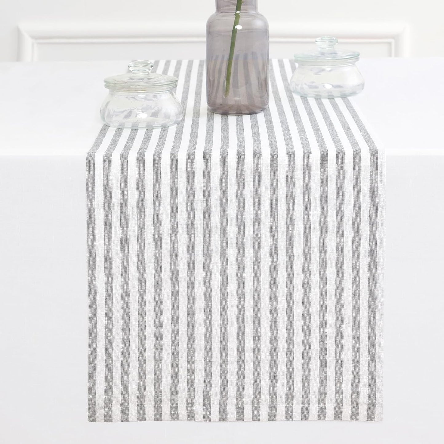 Solino Home Table Runner 60 Inches - Amalfi Stripe 100% Pure Linen Grey and White Table Runner 14 x 60 Inch Ideal for Dresser and Coffee Tables - Fall, Autumn, Halloween