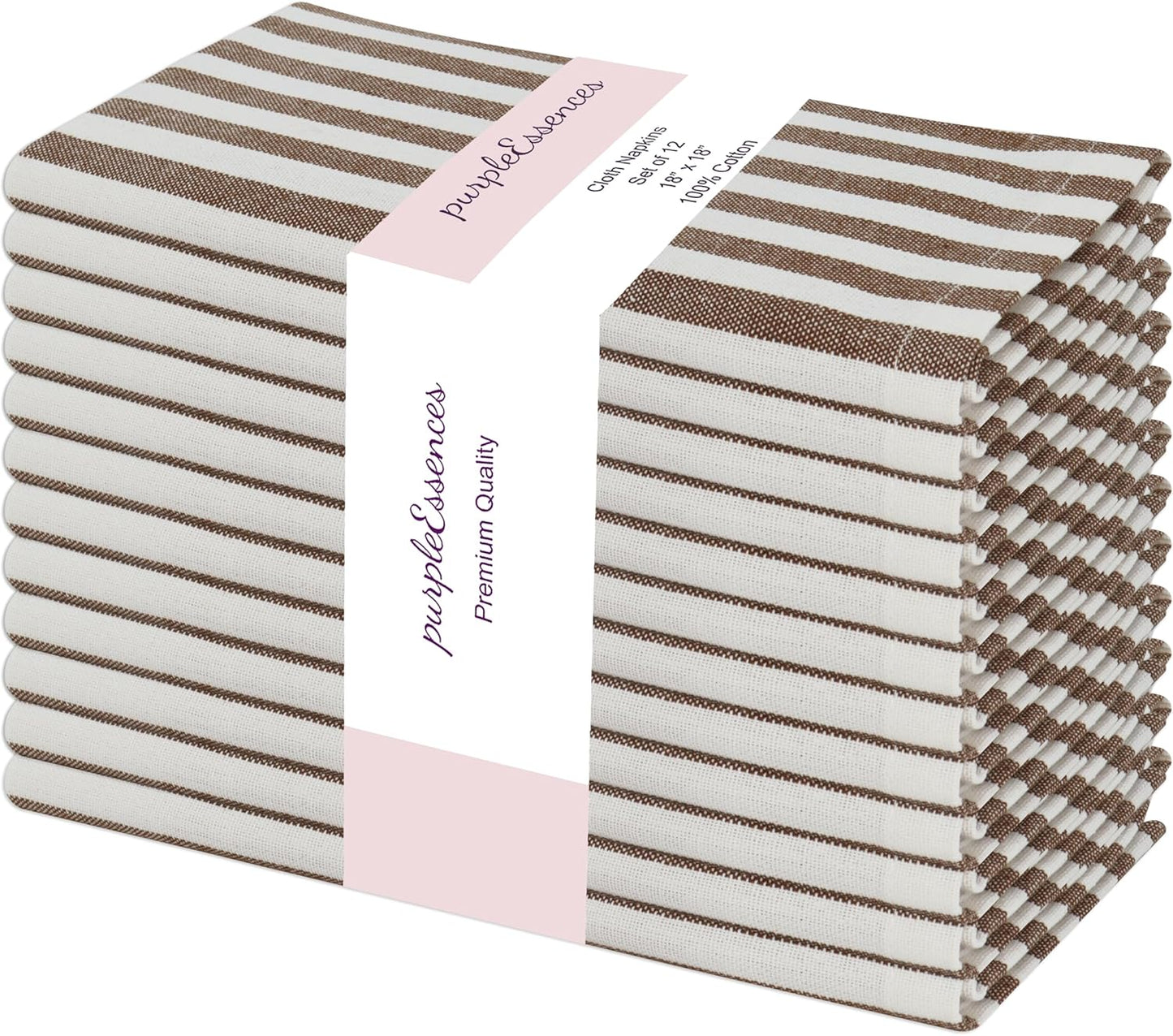 PurpleEssences Plain Striped Cloth Napkins - Set of 12-100% Cotton - 18 x 18 Inch - Fall Thanksgiving - Perfect Everyday Use Dinner Napkin - Nut Brown and Ivory