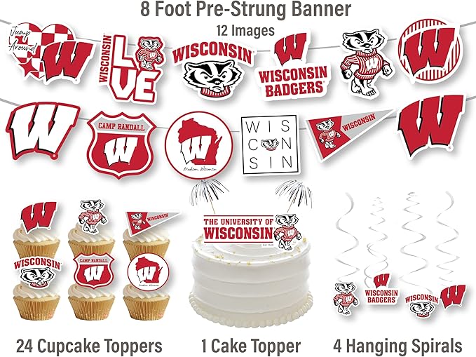 Wisconsin Party Supplies for UW Football, Birthday Gift, Graduation Party Banner and Cake Toppers (42 Pieces) (Wisconsin Badgers)