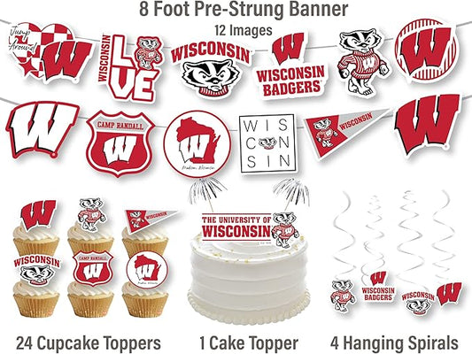 Wisconsin Party Supplies for UW Football, Birthday Gift, Graduation Party Banner and Cake Toppers (42 Pieces) (Wisconsin Badgers)