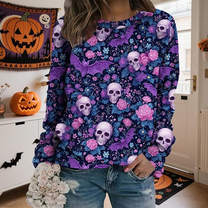LIZALIG Pullover Cute Sweatshirt Orange Skeleton Fall Festive FunWomens Design Bat Holiday Party Outings Pumpkin Print