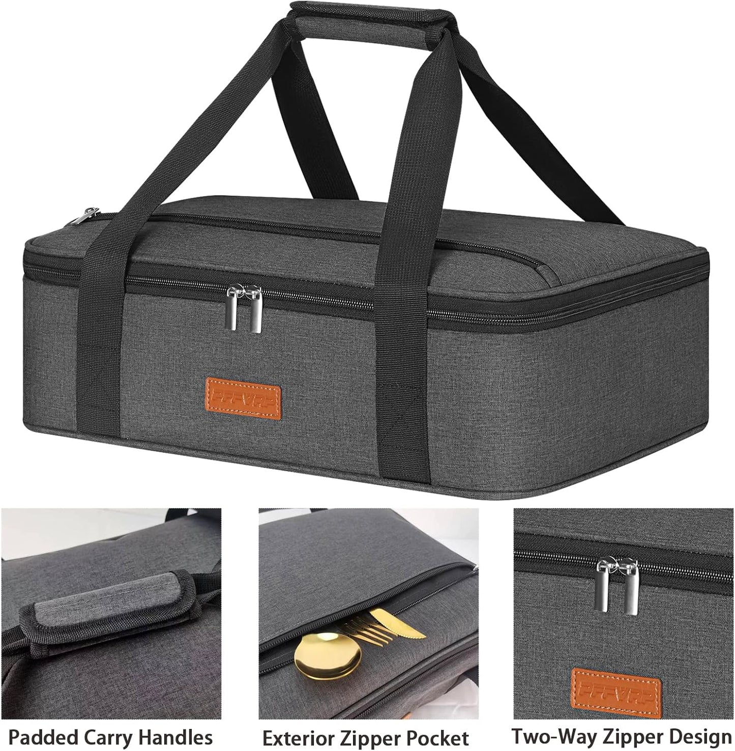 Insulated Casserole Carrier for Hot or Cold Food, Reusable Insulated Food Carrier for Potluck Parties, Picnic, Cookouts, Fits 11 x 15 or 9 x 13 Lasagna Pan, Casserole Dish, Baking Dish（Gray）