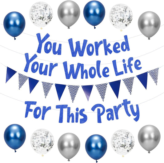 Holkcog You Worked Your Whole Life for This Party Blue Silver Glitter Banner, Funny Retirement Decorations Supplies Gifts, Blue and Silver Glitter Perfect for Office Coworker Goodbye Party Decor