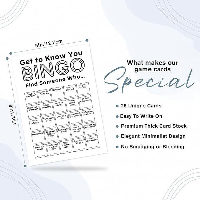Sahjzk Office Bingo Cards, 25 Unique Randomized 5x7 Sheets, Get to Know You Bingo Game for Adults, Ice Breaker Office Party Games, Team Building Games for Work, High Replay Value - A01