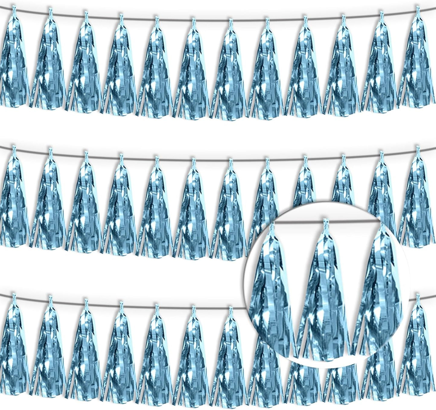 3P Light Blue Tassel Banner Garland Metallic Foil Fringe Banner Tinsel Tassels Streamer Banner Backdrop for Parade Floats, 2025 Graduation Decorations, Wedding Party Decoration