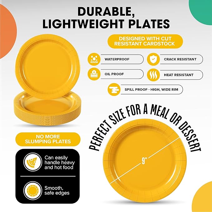 Exquisite Party Solids Yellow Paper Plates Disposable Heavy Duty 9 Inch Yellow Disposable Plates For Party 100 Pcs Heavy Duty 350 GSM, Birthday Supplies