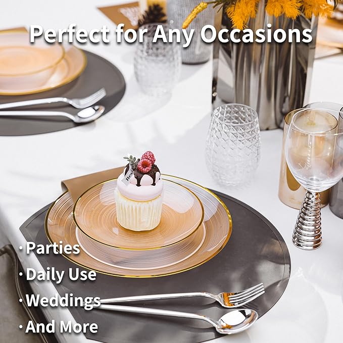 N9R 60PCS Orange Plastic Plates with Gold Rim, Elegant Disposable Plates, Circular Ribbed Design, 30 Dinner & 30 Dessert Plate for Parties, Weddings, Banquets and Events (Translucent Orange)