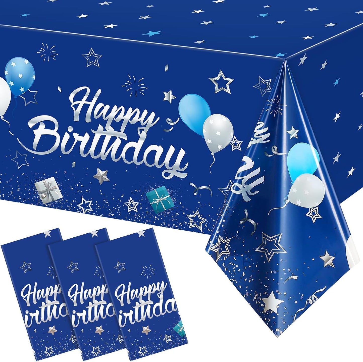 Tegeme Navy Blue Party Supplies Stars Happy Birthday Tablecloths Starry Confetti Table Covers for Kids Boys Girls Baby Shower Birthday Party Decorations(Navy Blue and Silver,3 Pack)