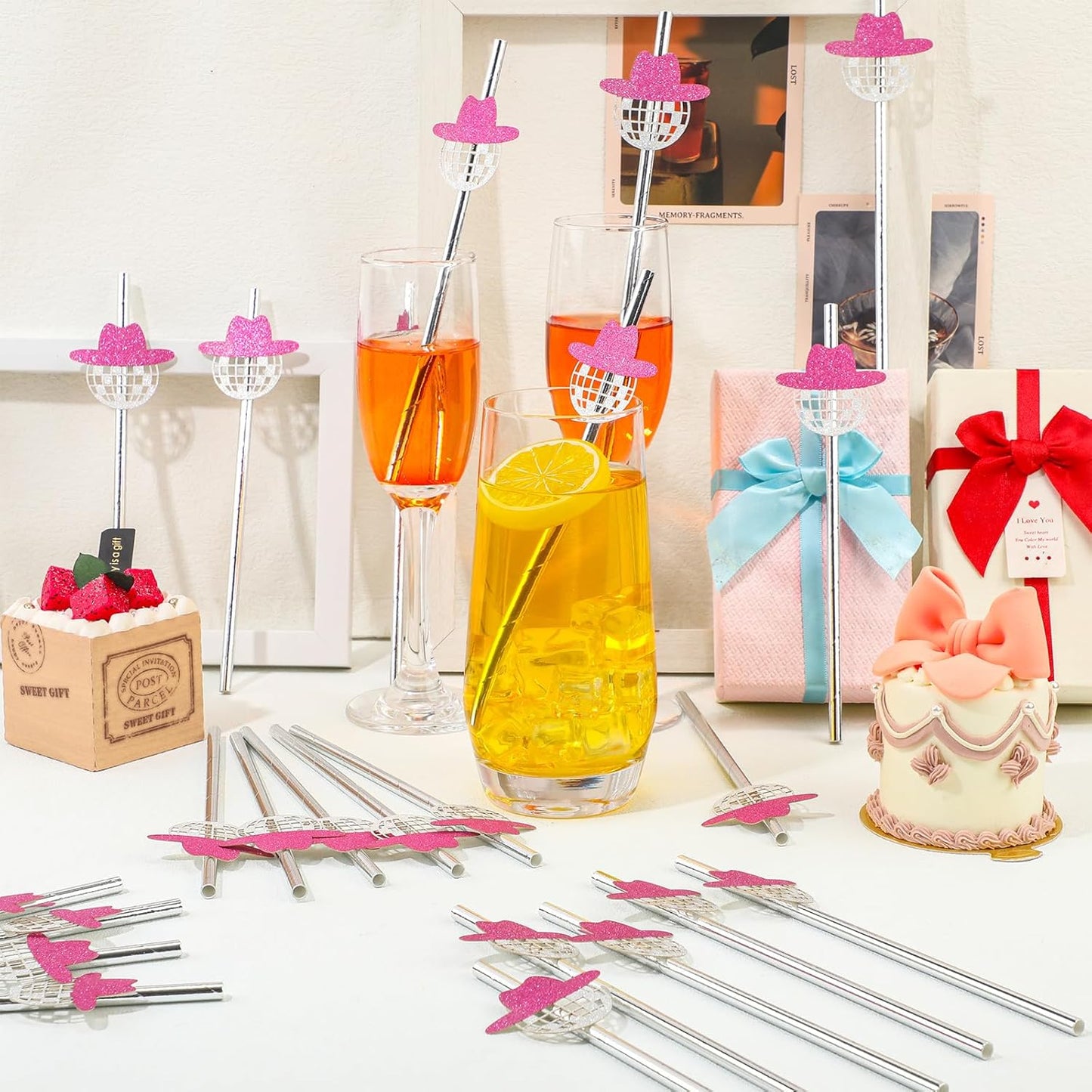 Tanlade 50 Pcs Mini Disco Ball Straws 70s Disco Straws Mirror Glitter Cowgirl Hat Party Decorations for Dance Holiday Wedding Birthday Supplies(Pink)