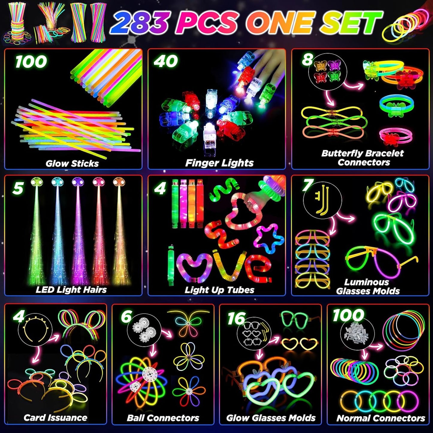 Halloween Party Supplies Glow in the Dark Party Favors for Adults Kids, 27 Carnival Accessories, 56 LED Light Up Toys Bulk, 100 Glow Sticks Party Pack, Neon Party Supplies & Decorations